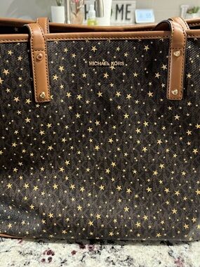 Michael Kors Brown Tote with Gold Star Print and Tan Trim